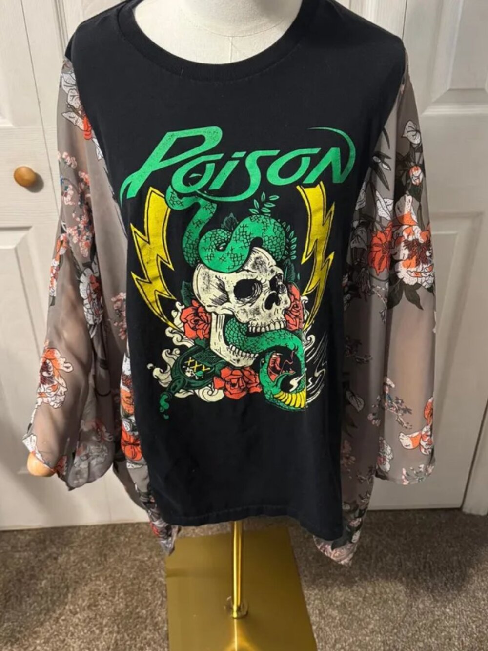 Poison Upcycled Graphic T-shirt with Flowy Floral Printed Sleeves - OSFM